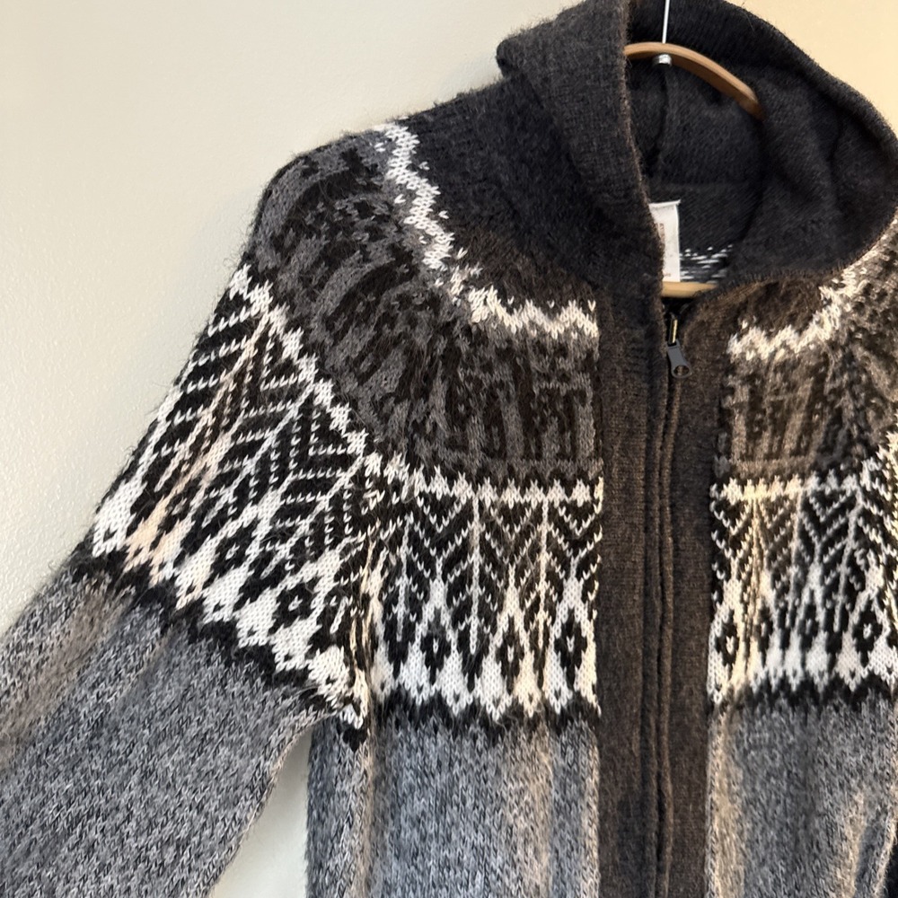 Chasqui Sweater Full Zip Gray Size M Alpaca Bolivia Fair Isle Nordic Hand Knit - Picture 4 of 11